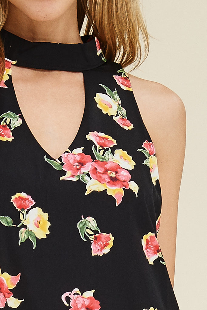Sleeveless Floral Print Choker Neck Tunic Dress