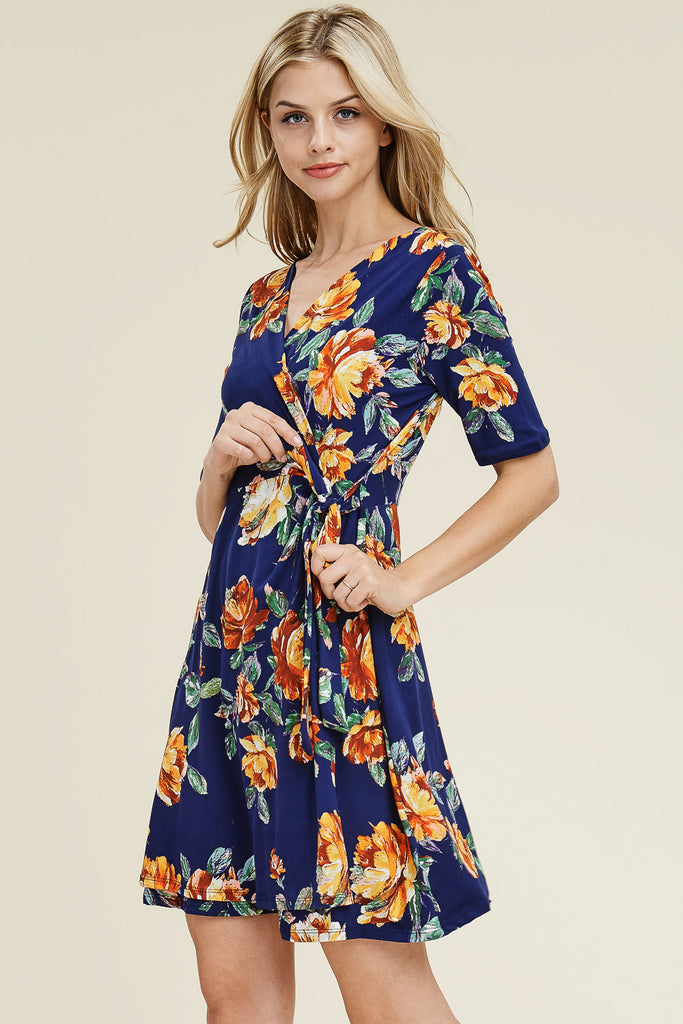 Short Sleeve V- Neck Floral Print Dress