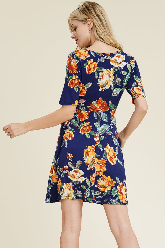 Short Sleeve V- Neck Floral Print Dress