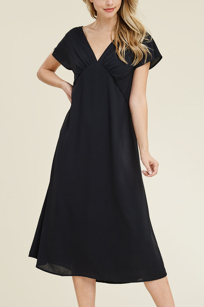 V-Neck Fitted Waist Midi Dress