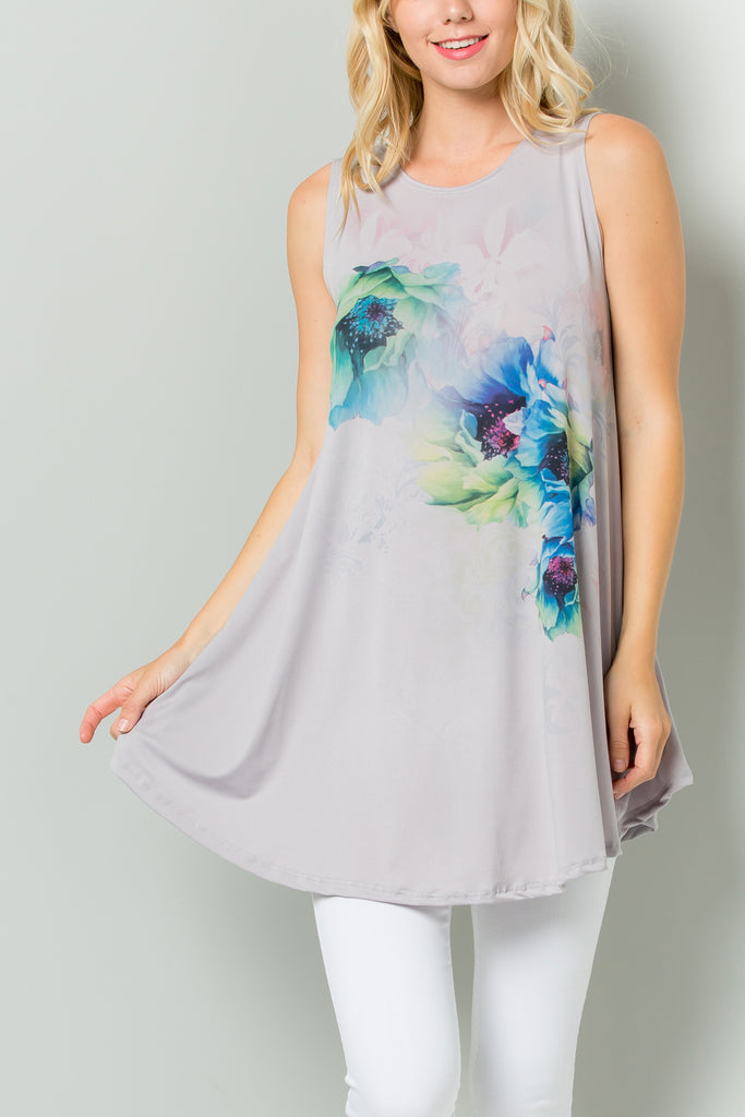 Sleeveless Tunic Dress with Floral Print Sublimation