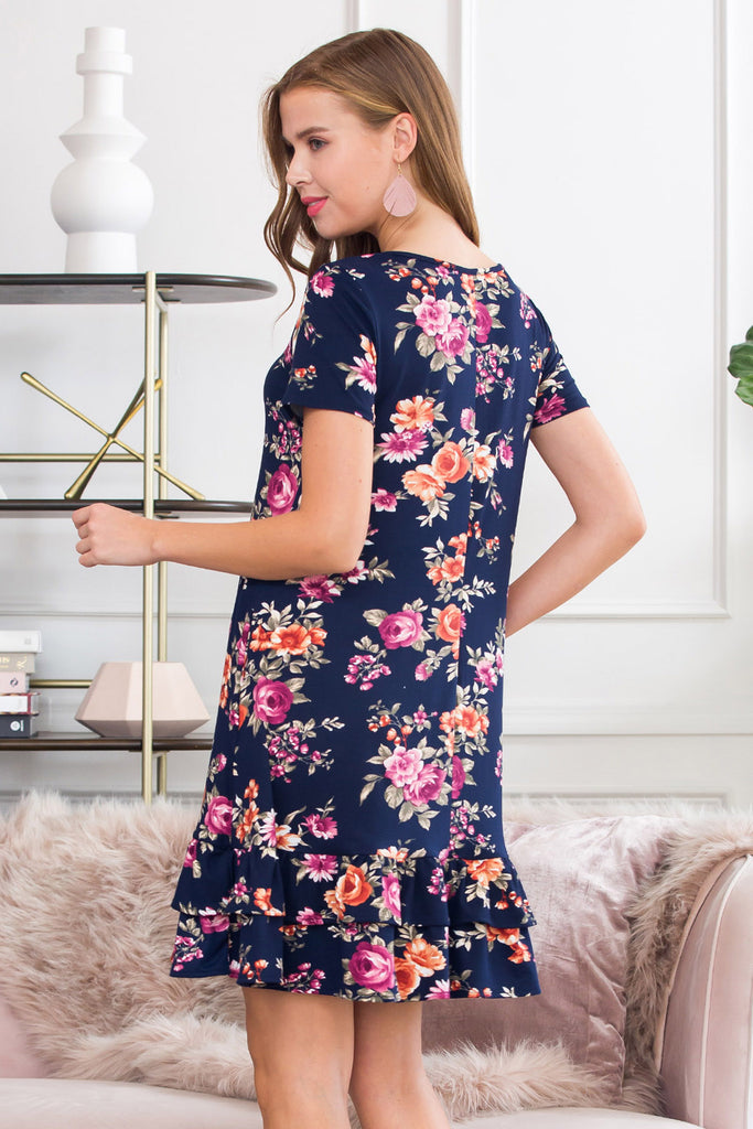 Short Sleeved Floral Midi Ruffled Dress
