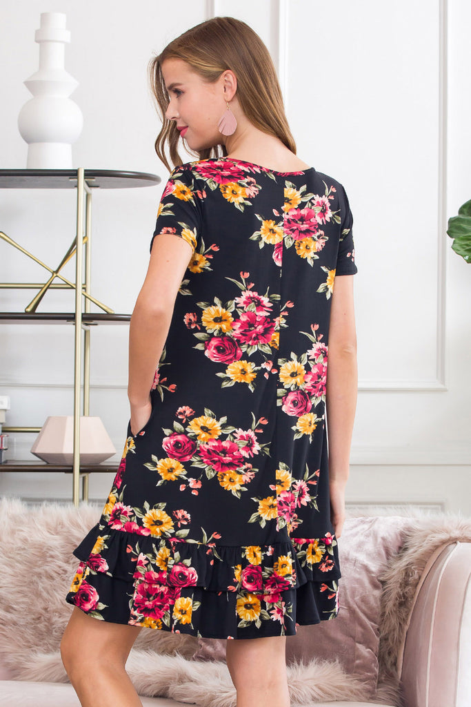 Short Sleeved Floral Ruffled Hem Dress