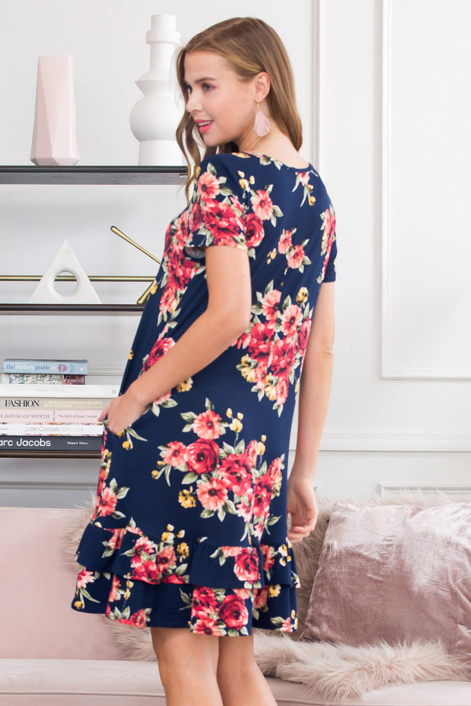 Short Sleeved Floral Ruffled Hem Dress