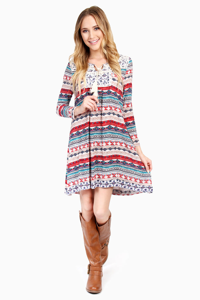 Tribal Print Tassel-Tie Swing Dress