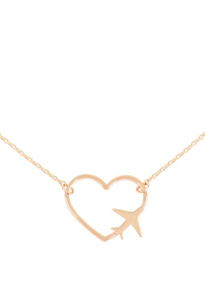 OPEN HEART W/ AIRPLANE ACCENT COLOR PENDANT BRASS NECKLACE