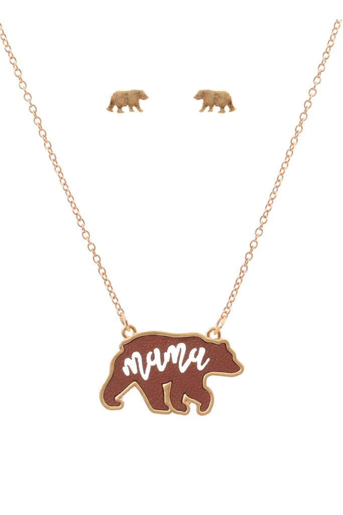 ES1637 - LEATHER BEAR METAL CHAIN PENDANT NECKLACE AND EARRING SET