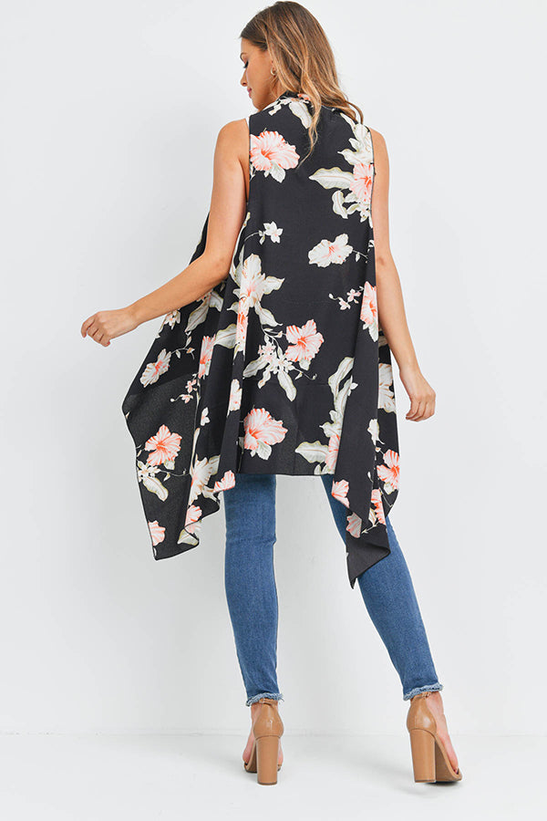 FSV30004BLK - HANDKERCHIEF FLORAL PRINT VEST CARDIGAN