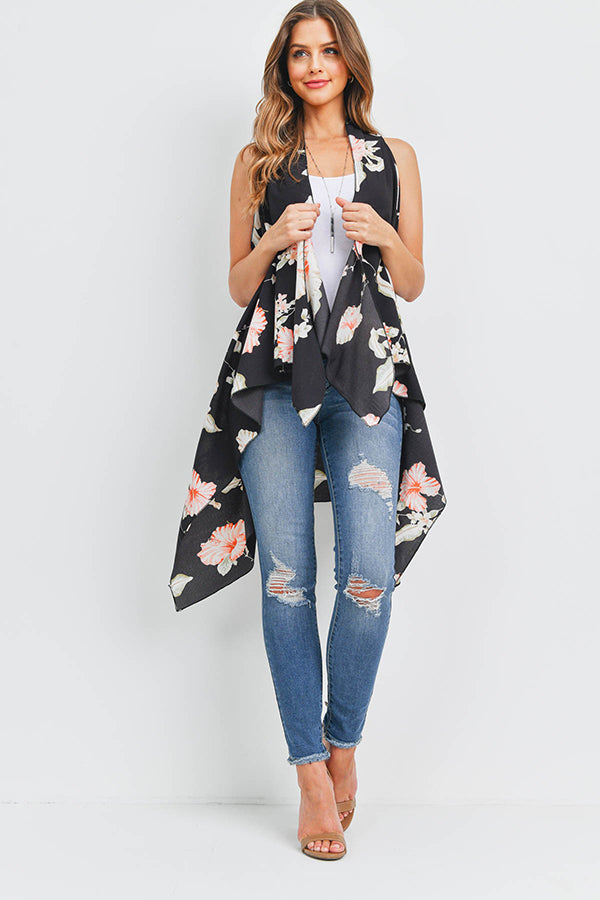 FSV30004BLK - HANDKERCHIEF FLORAL PRINT VEST CARDIGAN