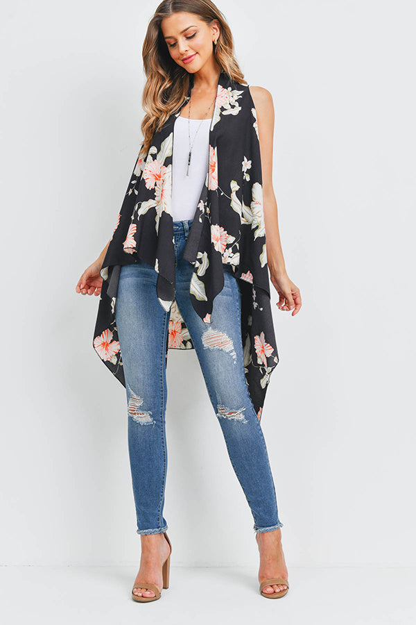 FSV30004BLK - HANDKERCHIEF FLORAL PRINT VEST CARDIGAN