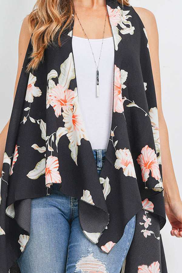 FSV30004BLK - HANDKERCHIEF FLORAL PRINT VEST CARDIGAN