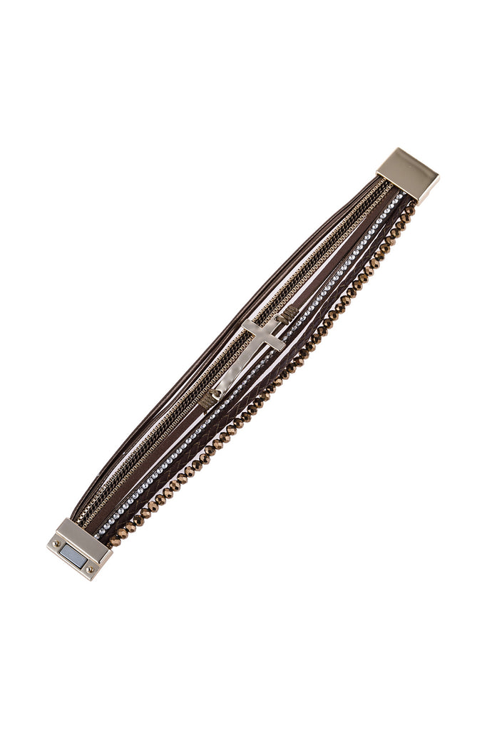 CROSS LEATHER WRAP GLASS BEADS MAGNETIC BRACELET