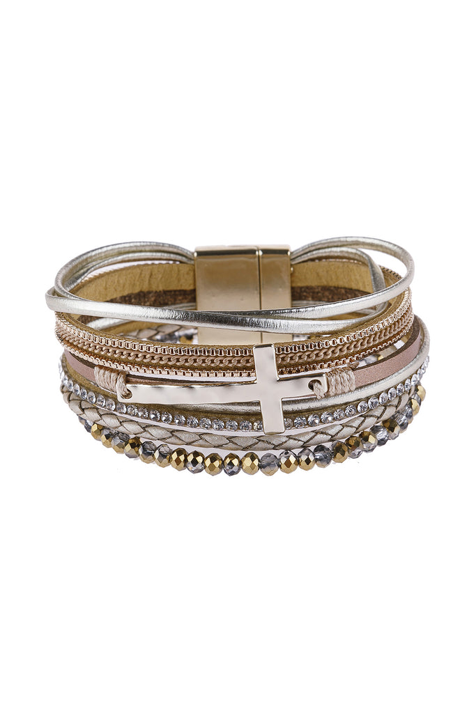 CROSS LEATHER WRAP GLASS BEADS MAGNETIC BRACELET