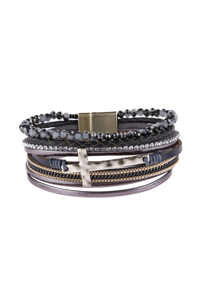 CROSS LEATHER WRAP GLASS BEADS MAGNETIC BRACELET