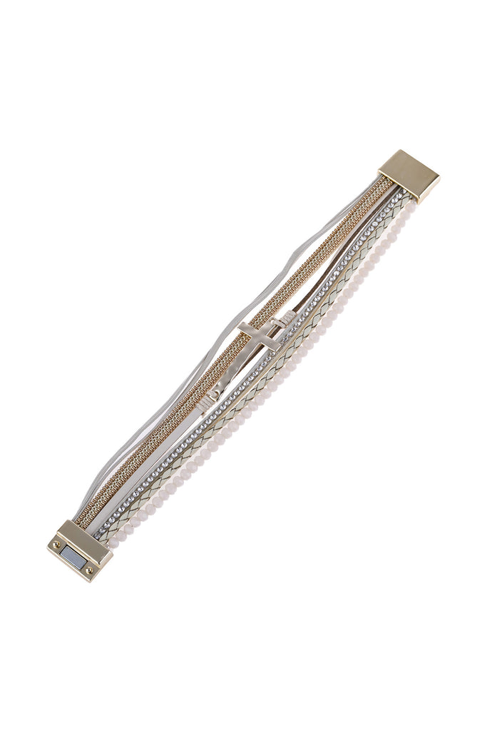 CROSS LEATHER WRAP GLASS BEADS MAGNETIC BRACELET