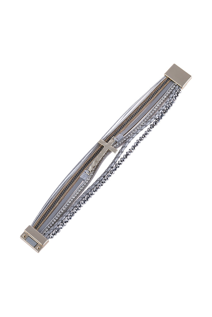 CROSS LEATHER WRAP GLASS BEADS MAGNETIC BRACELET