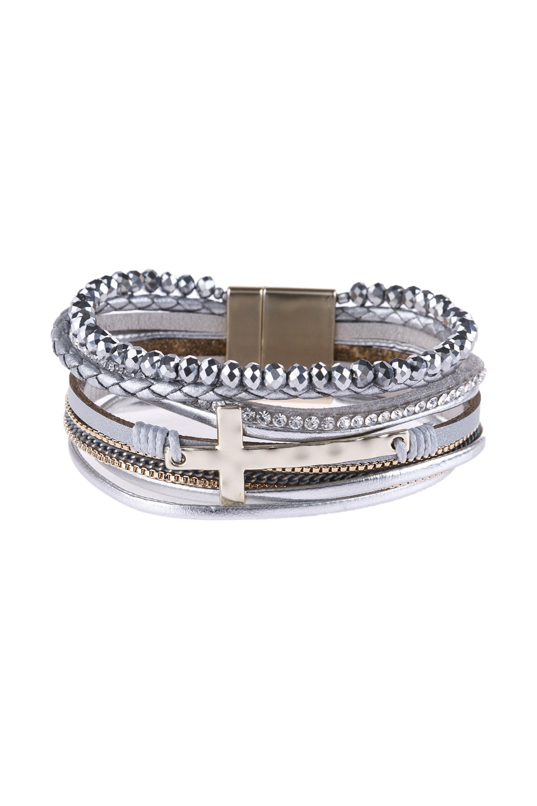 CROSS LEATHER WRAP GLASS BEADS MAGNETIC BRACELET – Riah Fashion