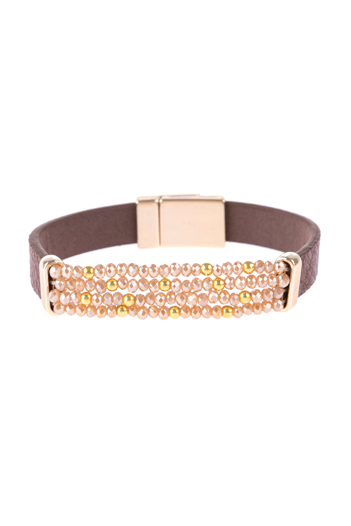 FOUR-LINE BEADED LEATHER STRAP MAGNETIC BRACELET