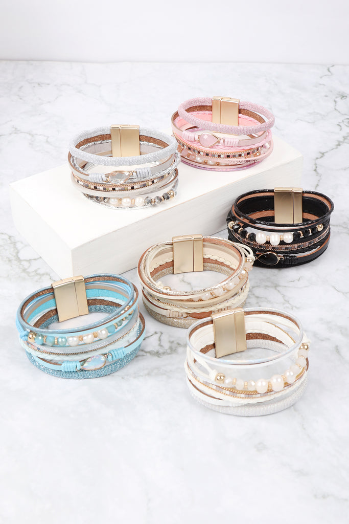 HDB3272 - LEATHER MIX BEADED MAGNETIC WRAP BRACELET