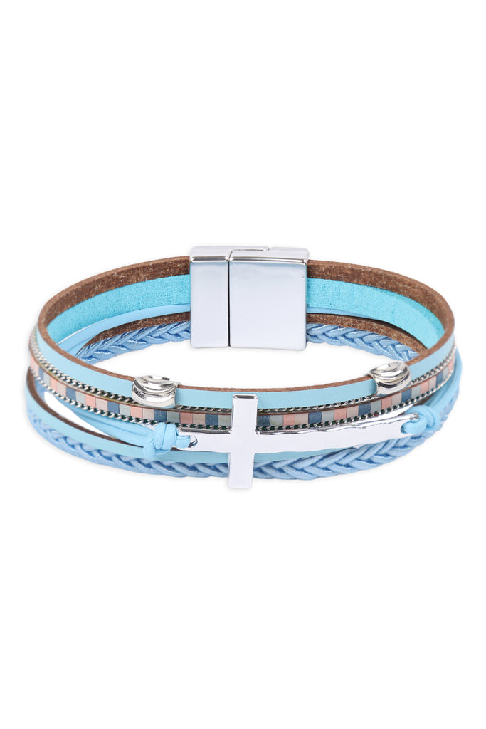LEATHER WRAP WITH CROSS CHARM MAGNETIC LOCK BRACELET