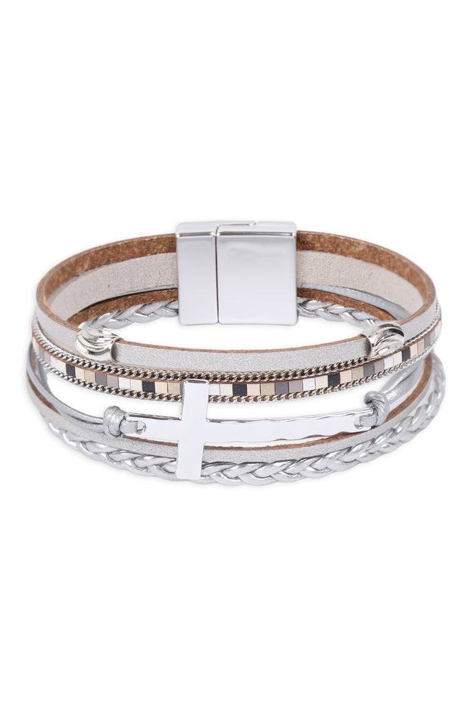 LEATHER WRAP WITH CROSS CHARM MAGNETIC LOCK BRACELET