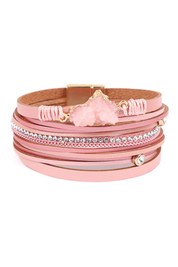 LEATHER WRAP DRUZY HEART MAGNETIC LOCK BRACELET