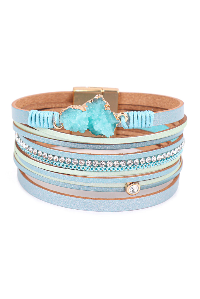 LEATHER WRAP DRUZY HEART MAGNETIC LOCK BRACELET