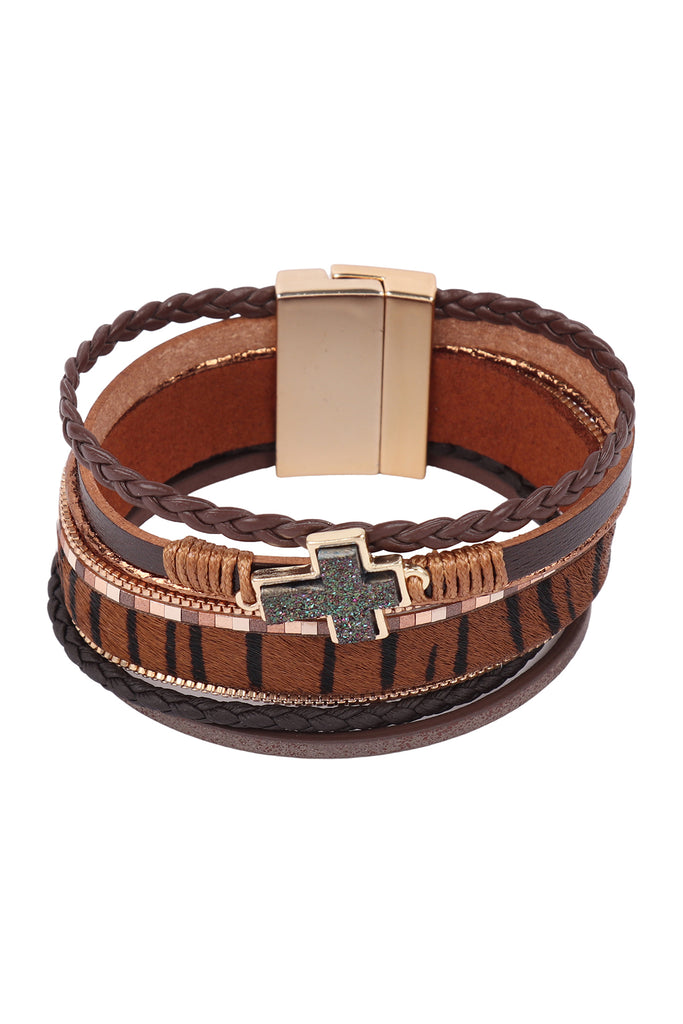 LEOPARD PRINT LEATHER BRAIDED CROSS STONE BRACELET