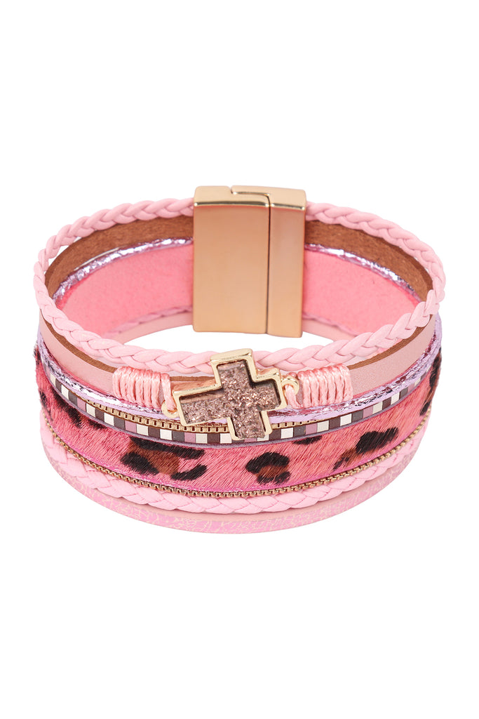 LEOPARD PRINT LEATHER BRAIDED CROSS STONE BRACELET