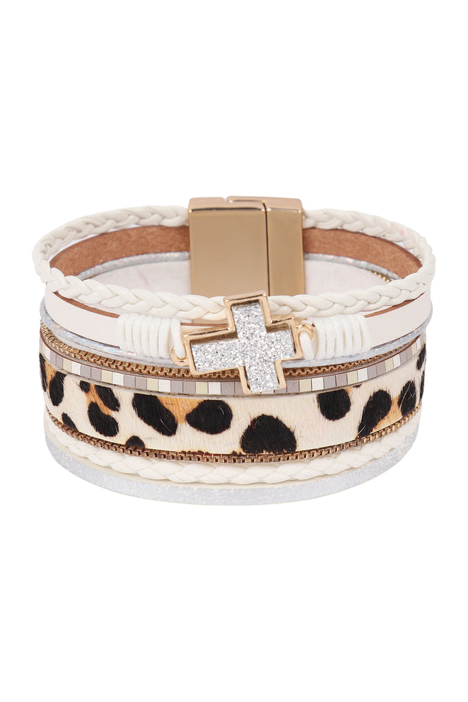 LEOPARD PRINT LEATHER BRAIDED CROSS STONE BRACELET