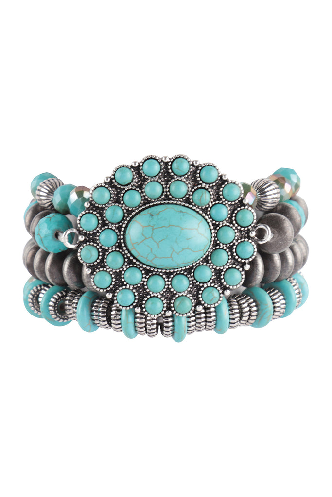 4 LINES WESTERN CONCHO ANTIQUE NATURAL STONE TURQUOISE STRETCH BRACELET SET