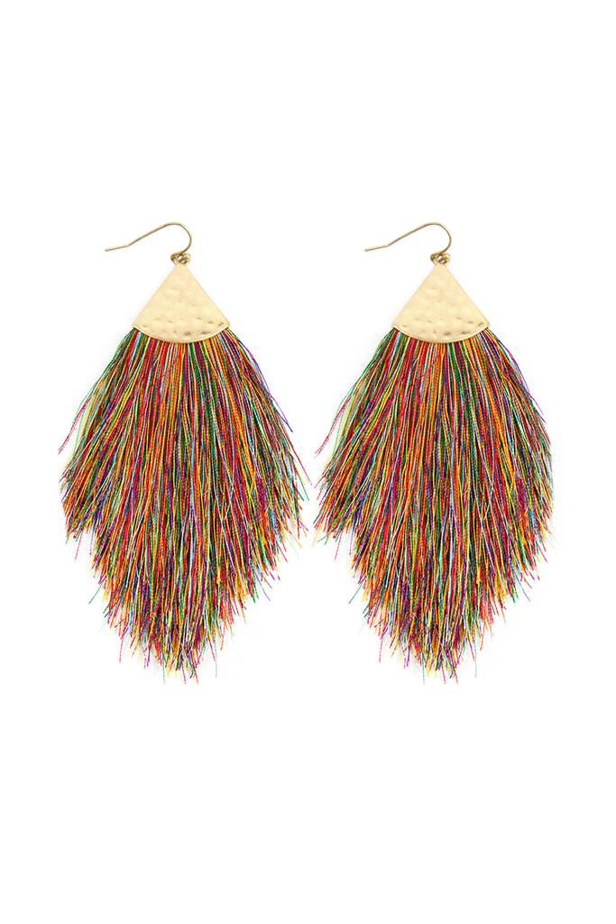 TASSEL WITH HAMMERED METAL HOOK DROP EARRINGS