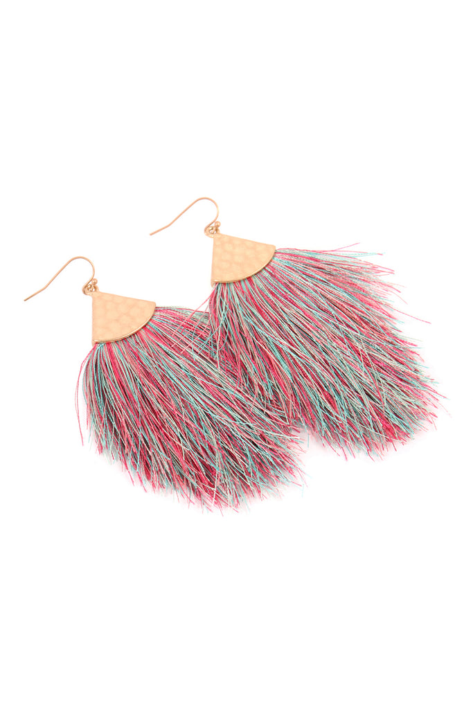 TASSEL WITH HAMMERED METAL HOOK DROP EARRINGS