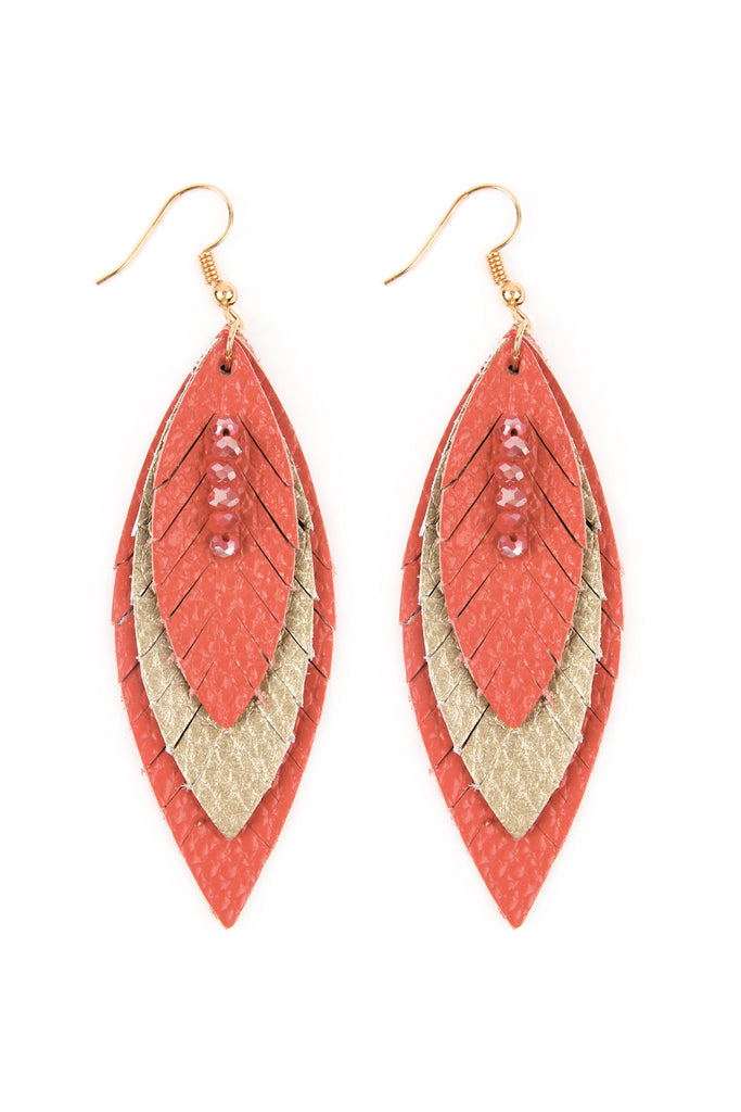 THREE LAYER FRINGE LEATHER MARQUISE EARRINGS