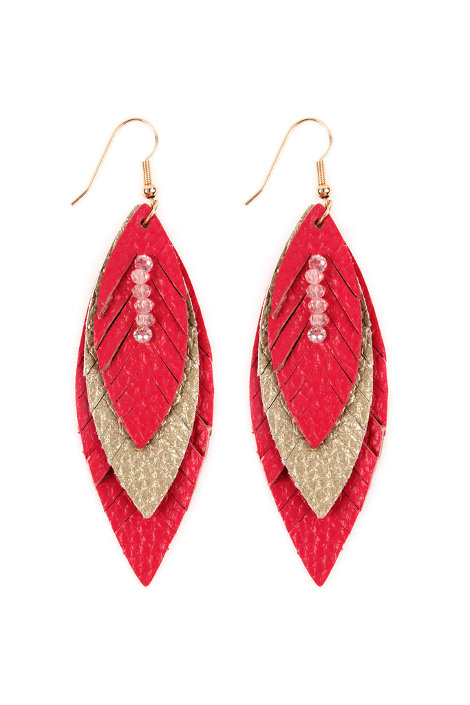 THREE LAYER FRINGE LEATHER MARQUISE EARRINGS