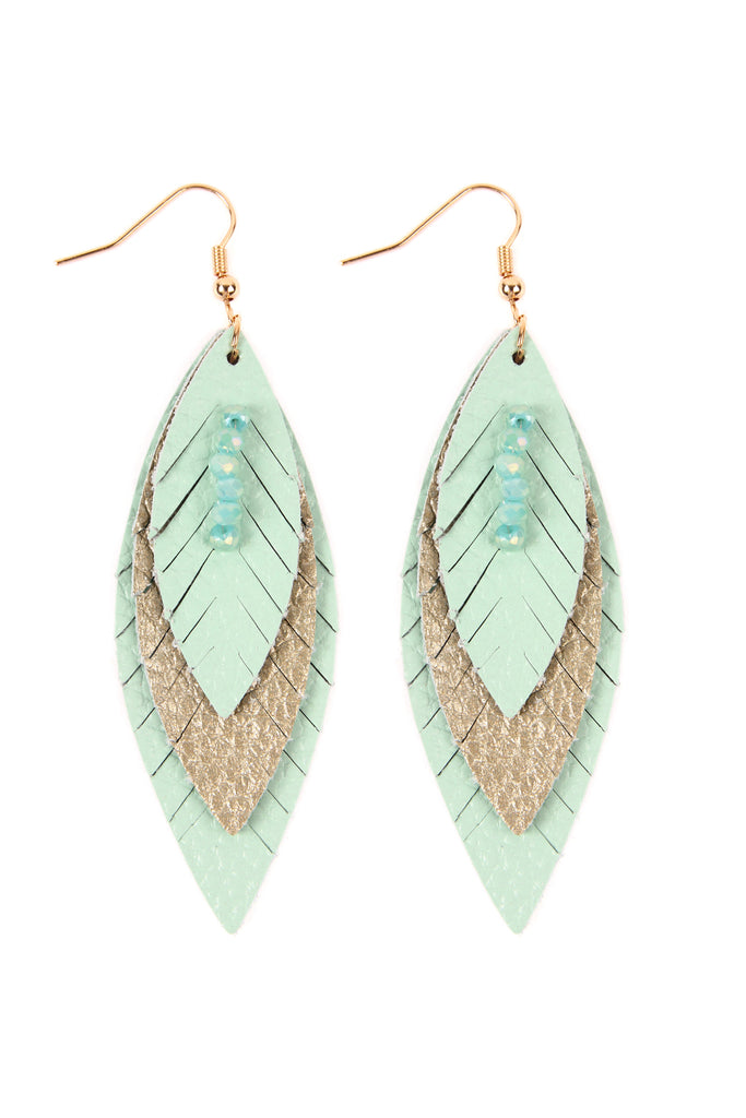 THREE LAYER FRINGE LEATHER MARQUISE EARRINGS