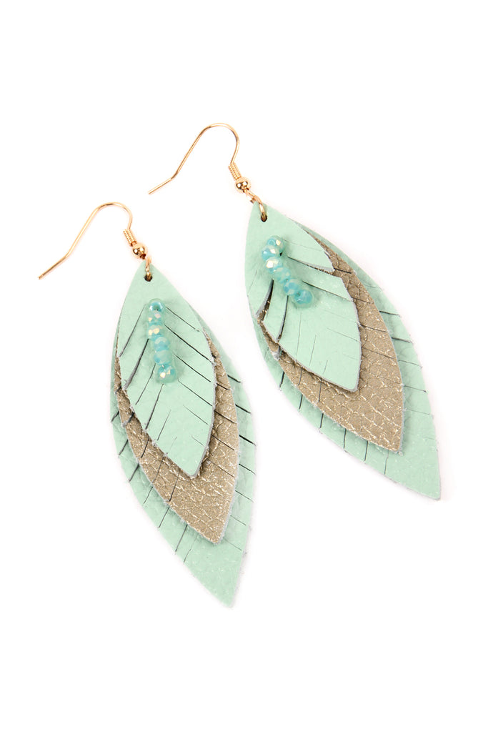 THREE LAYER FRINGE LEATHER MARQUISE EARRINGS