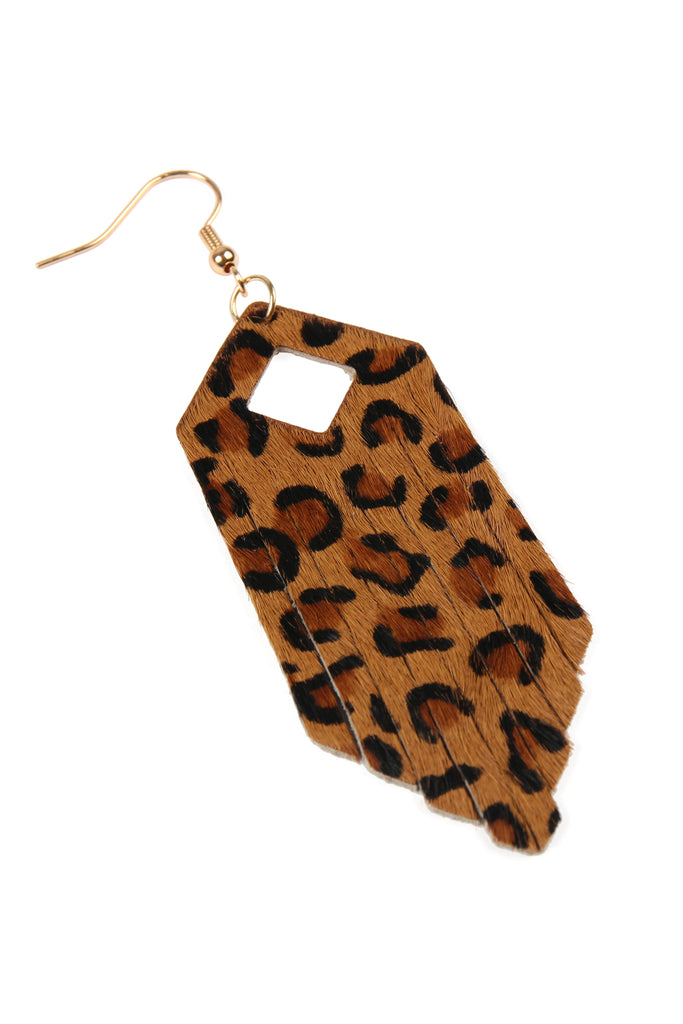 FRINGE HEXAGON LEOPARD LEATHER HOOK EARRINGS