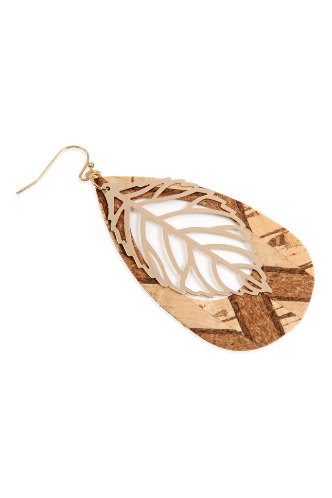 Cork Pattern Teardrop Metal Leaf Filigree Earrings