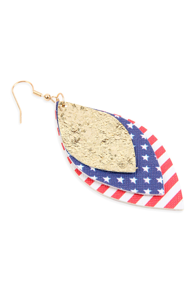 USA FLAG WITH SEQUIN MARQUISE LAYERED LEATHER DROP EARRINGS