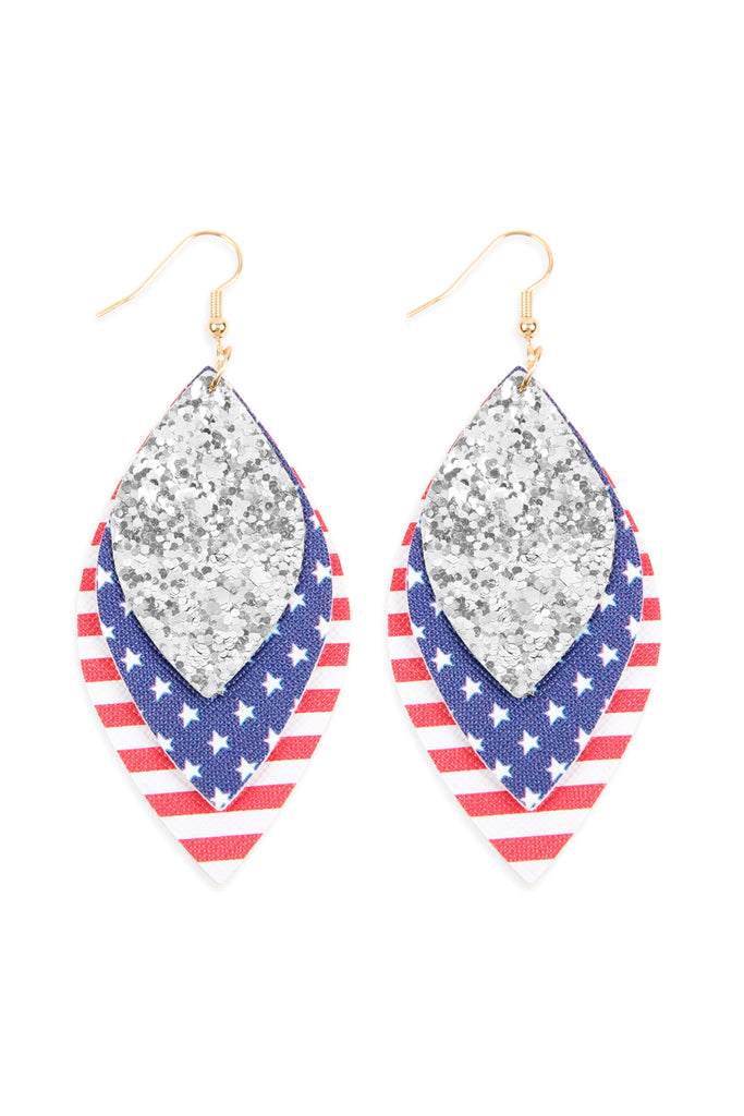 USA FLAG WITH SEQUIN MARQUISE LAYERED LEATHER DROP EARRINGS