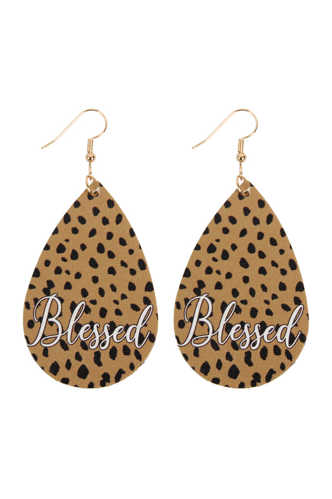 HDE2867 - "BLESSED" ANIMAL PRINT LEATHER FISH HOOK EARRINGS