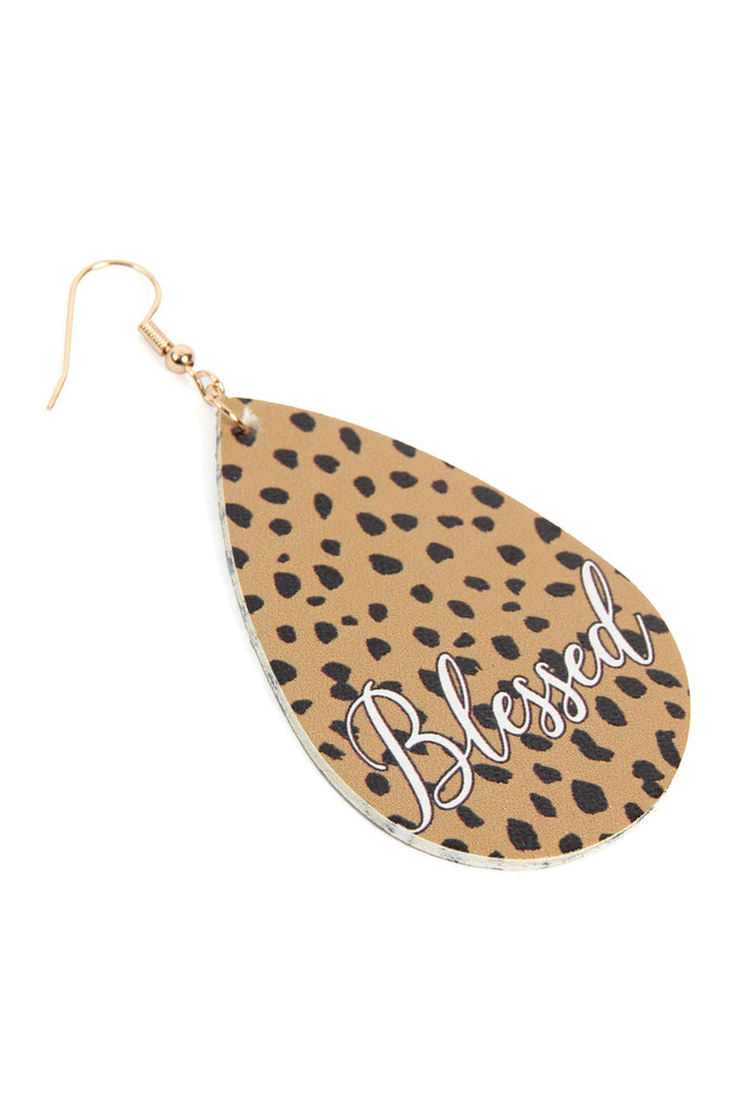 HDE2867 - "BLESSED" ANIMAL PRINT LEATHER FISH HOOK EARRINGS