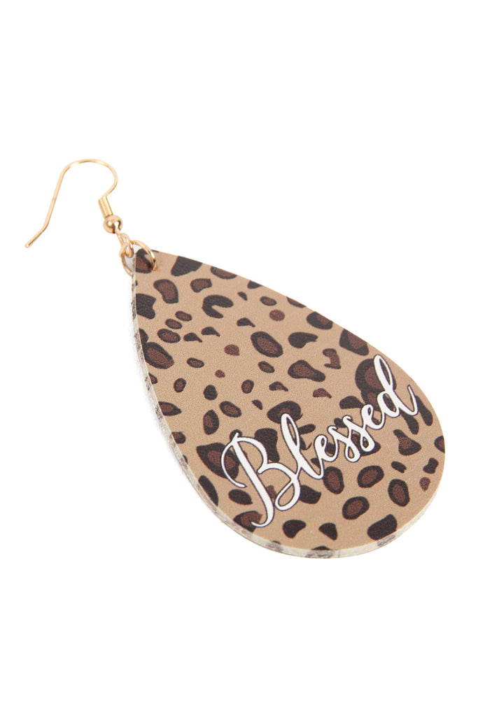 HDE2867 - "BLESSED" ANIMAL PRINT LEATHER FISH HOOK EARRINGS