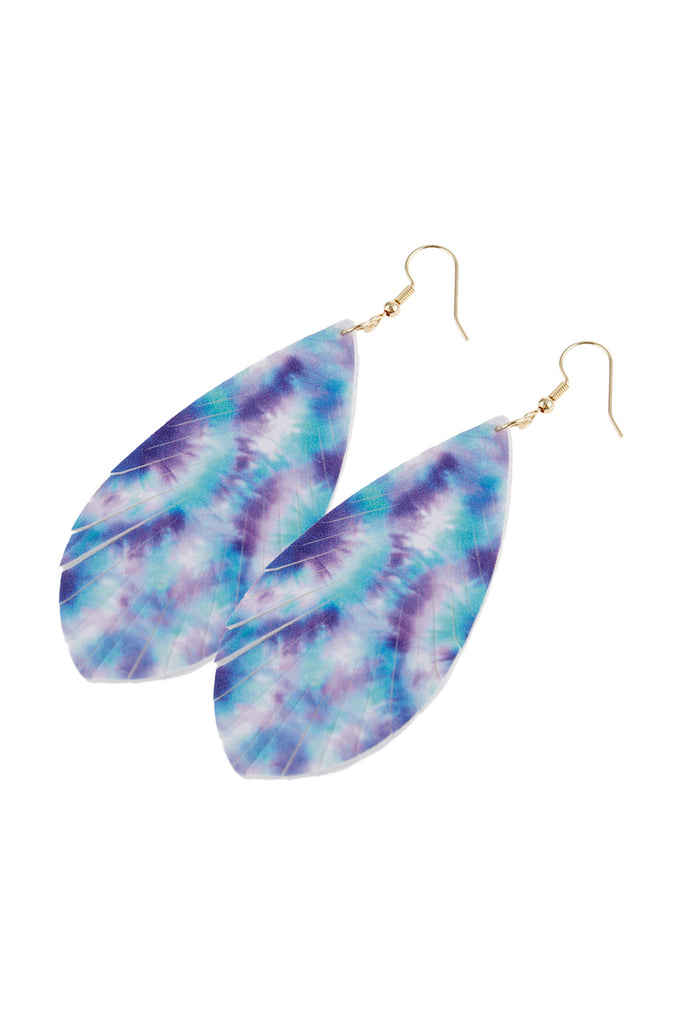 ABSTRACT BLUE VIOLET PRINTED LEATHER TASSEL HOOK EARRINGS