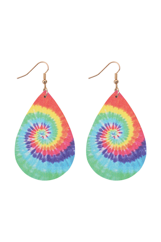 MULTICOLOR ABSTRACT DESIGN LEATHER TEARDROP HOOK EARRINGS