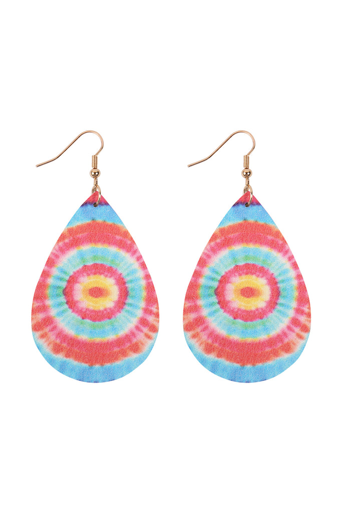 MULTICOLOR ABSTRACT DESIGN LEATHER TEARDROP HOOK EARRINGS