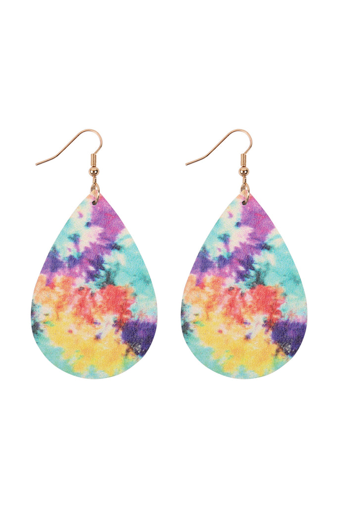 MULTICOLOR ABSTRACT DESIGN LEATHER TEARDROP HOOK EARRINGS