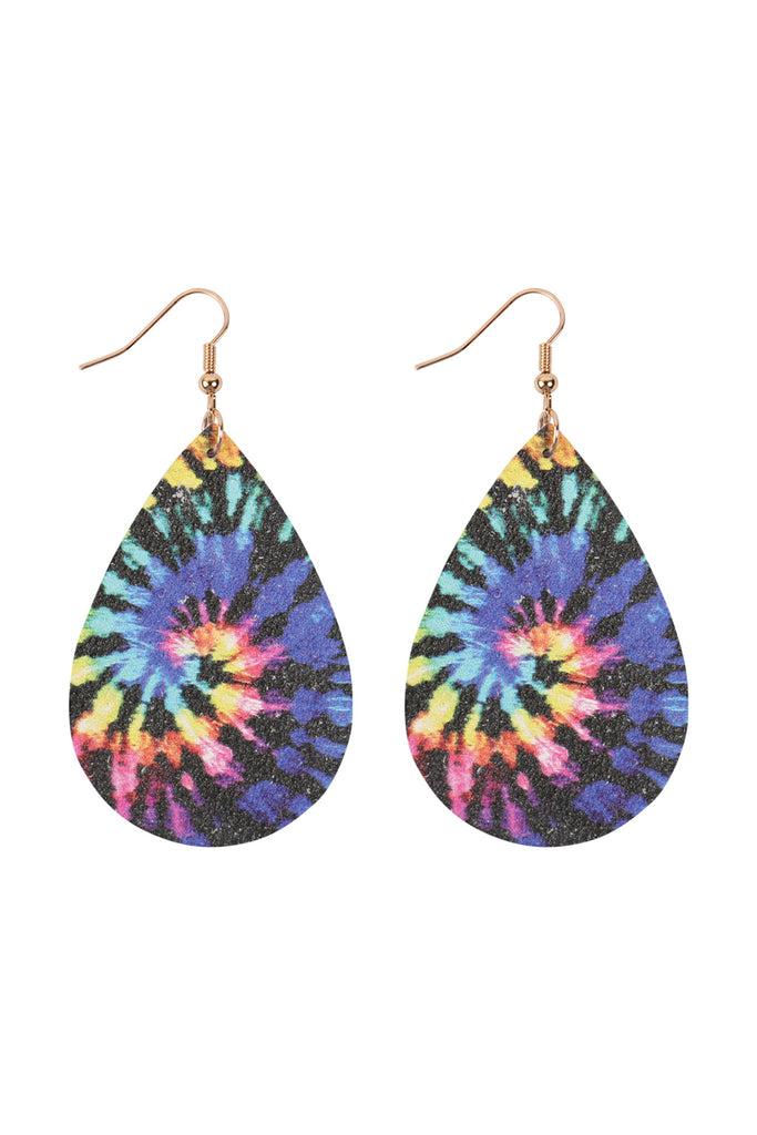 MULTICOLOR ABSTRACT DESIGN LEATHER TEARDROP HOOK EARRINGS