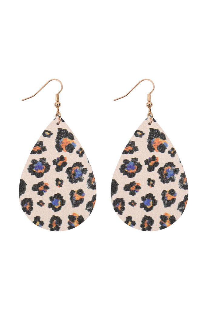 MULTICOLOR ABSTRACT DESIGN LEATHER TEARDROP HOOK EARRINGS